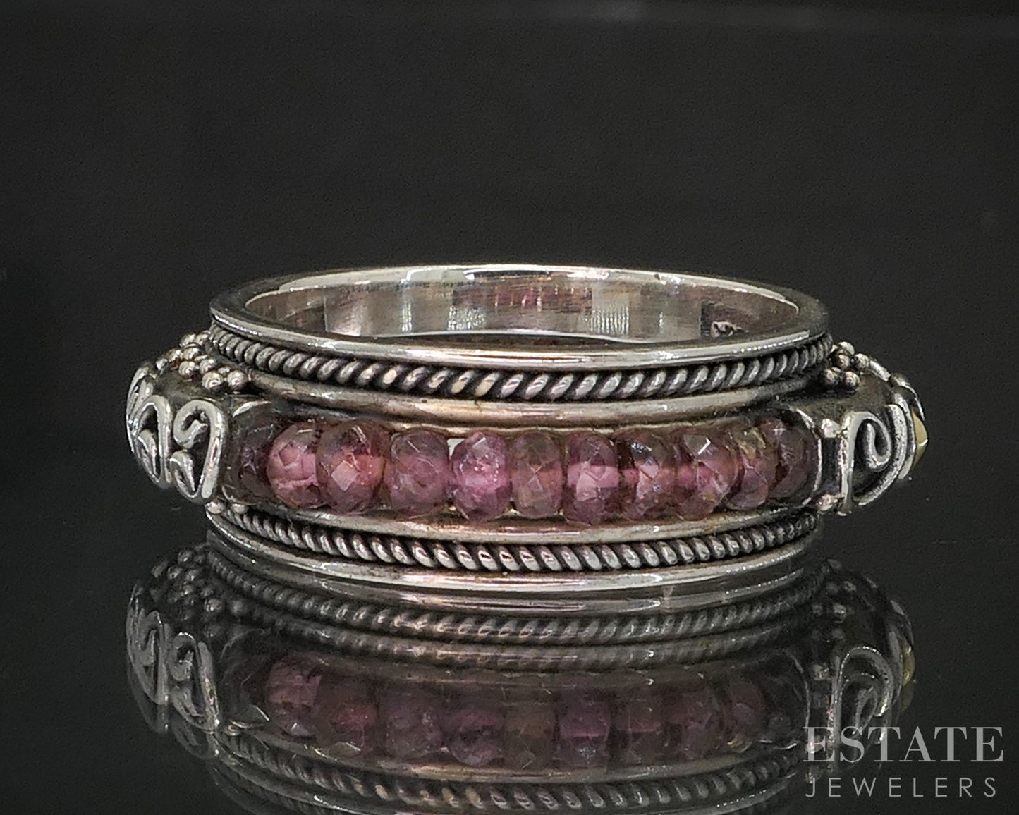 18k & Sterling BA Bali Suarti Rhodolite Garnet Stacked Band Ring 6.8g p18999