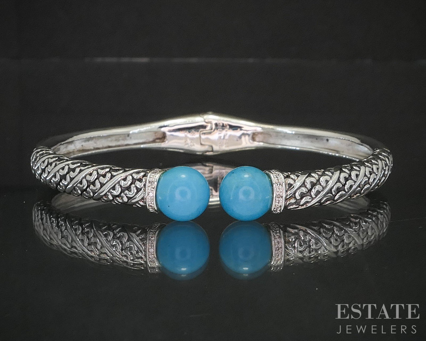 Sterling Silver 9mm Turquoise & Diamond Hinged Bangle Bracelet 29g p19095