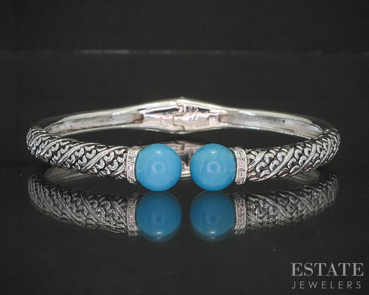 Sterling Silver 9mm Turquoise & Diamond Hinged Bangle Bracelet 29g p19095
