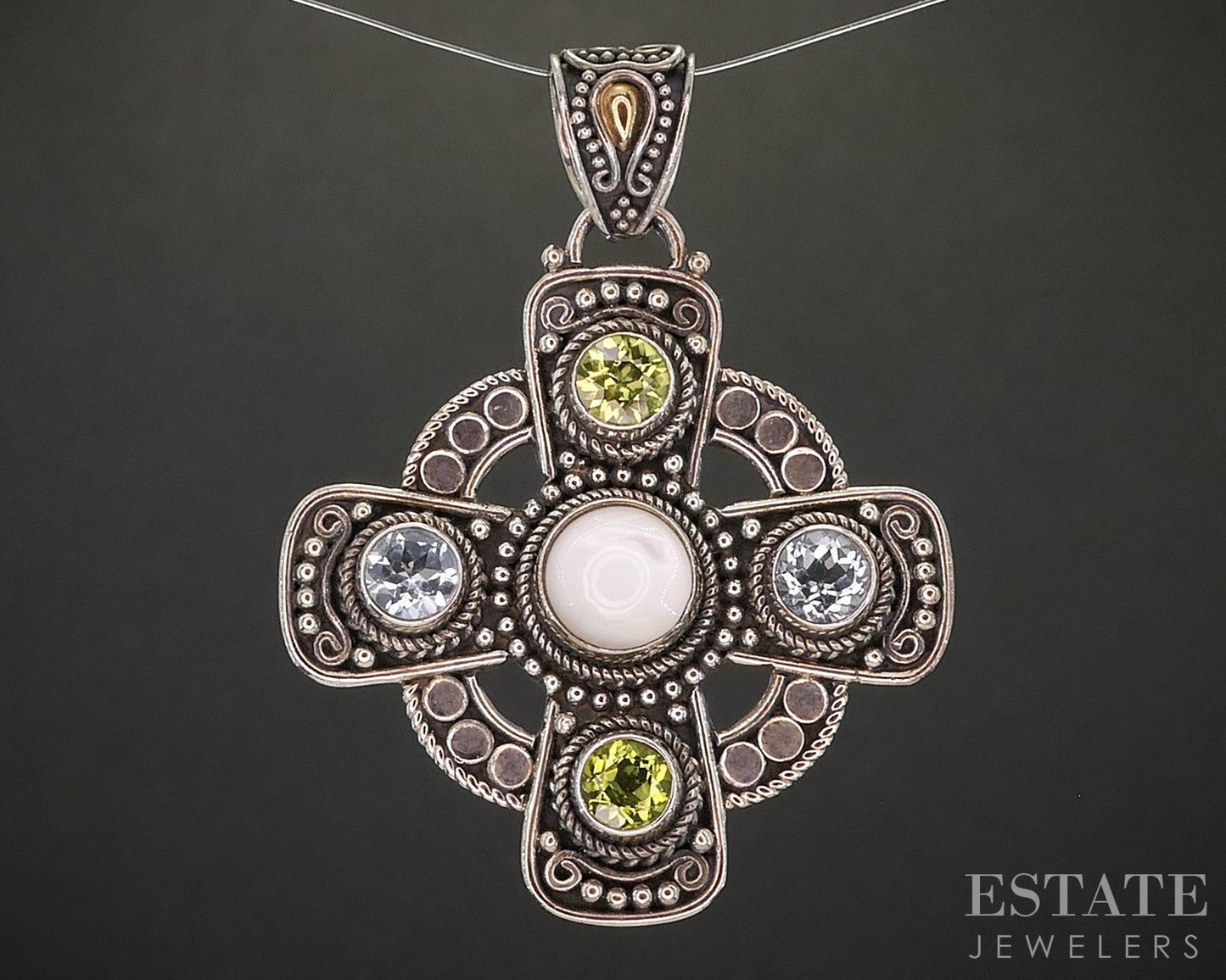 18k & Sterling Silver BA Bali Multi Gem Maltese Cross Pendant 12g p19096