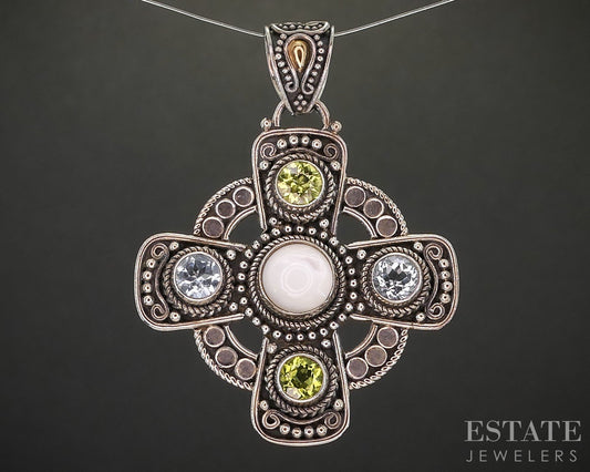 18k & Sterling Silver BA Bali Multi Gem Maltese Cross Pendant 12g p19096