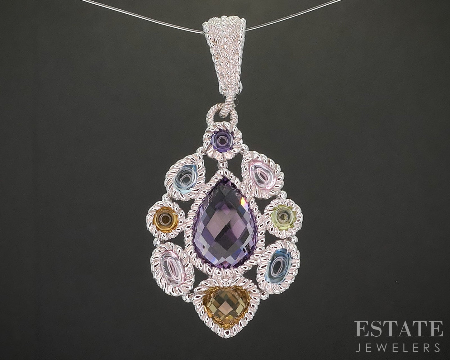 Sterling Silver Judith Ripka Multi Gem & CZ Teardrop Pendant 6.8g p19098