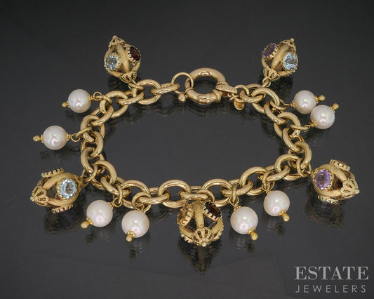 Sterling Silver Multi Gem & Pearl Lantern Charm Bracelet 40g 7.75"L p19104