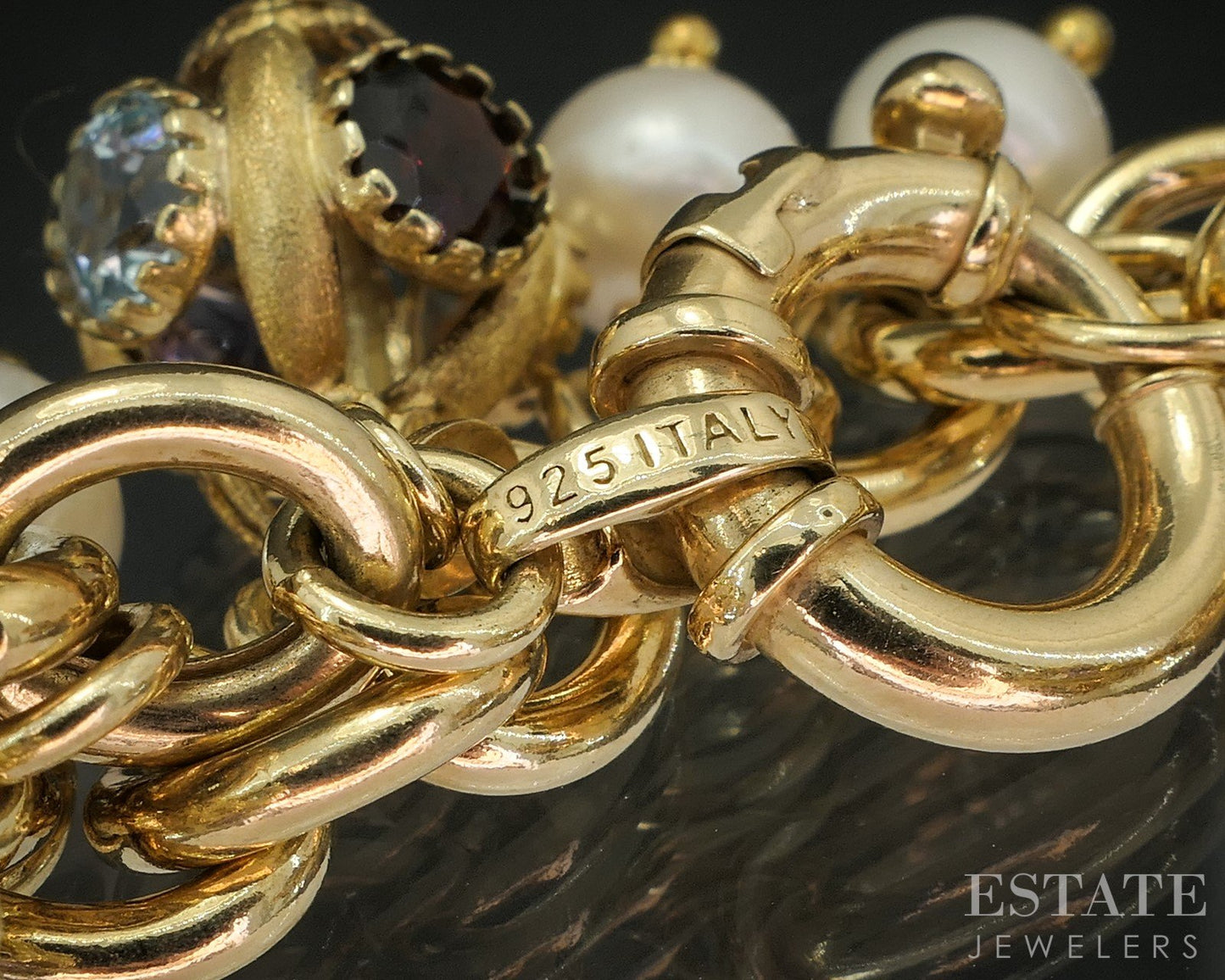 Sterling Silver Multi Gem & Pearl Lantern Charm Bracelet 40g 7.75"L p19104