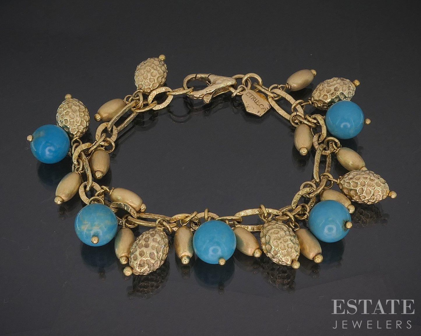 Sterling Silver 10mm Natural Turquoise Beaded Charm Bracelet 27.9g 6.75"L p19107