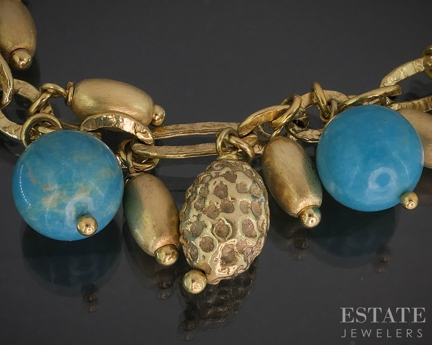 Sterling Silver 10mm Natural Turquoise Beaded Charm Bracelet 27.9g 6.75"L p19107