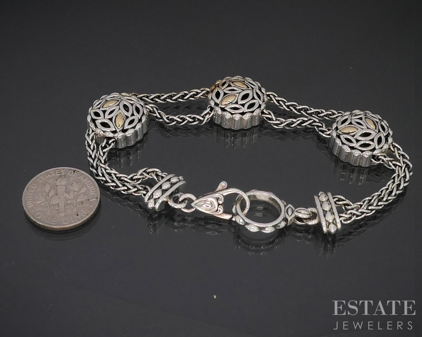 14k & Sterling Angela by John Hardy Wheat Chain Beaded Bracelet 21.8g p19108