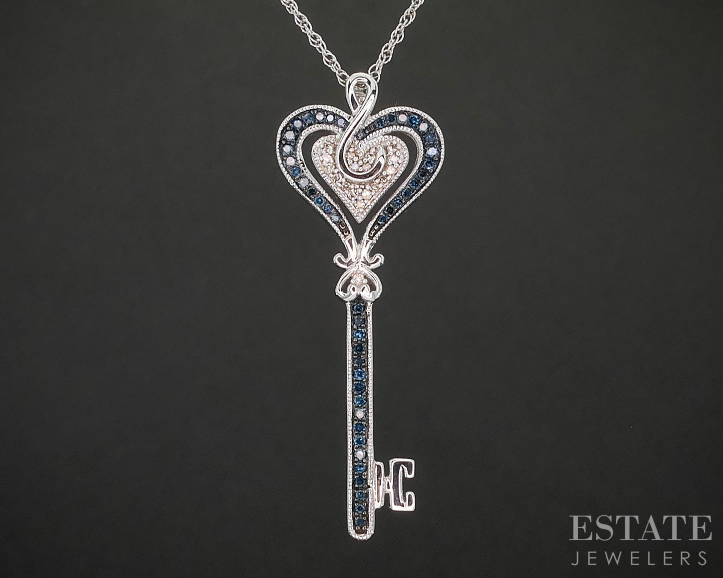 Sterling Silver Natural Blue & White Diamond Heart Key Necklace 7.5g 18"L p19117