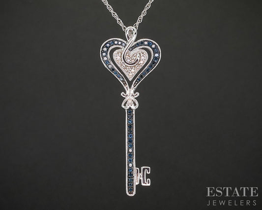 Sterling Silver Natural Blue & White Diamond Heart Key Necklace 7.5g 18"L p19117