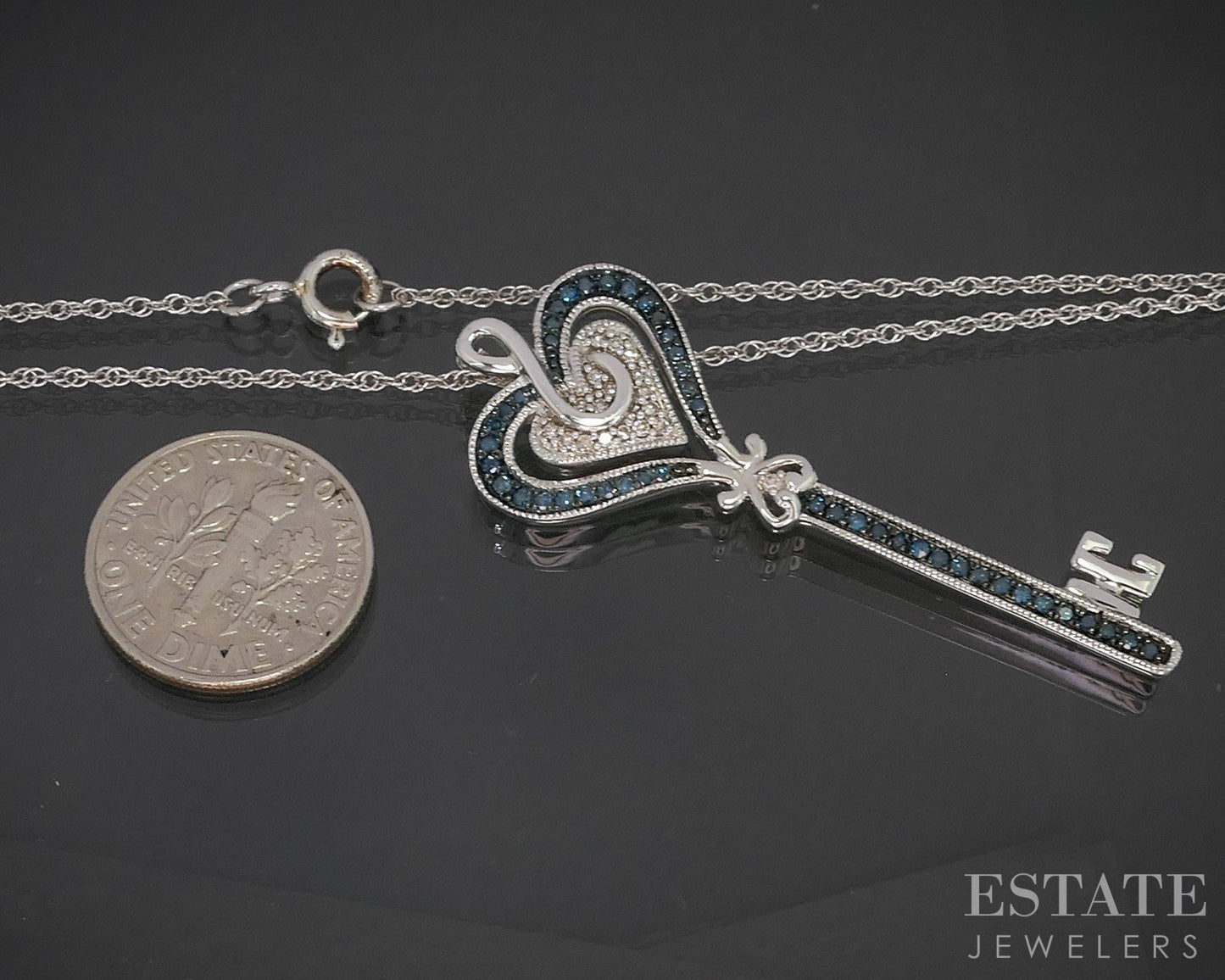 Sterling Silver Natural Blue & White Diamond Heart Key Necklace 7.5g 18"L p19117