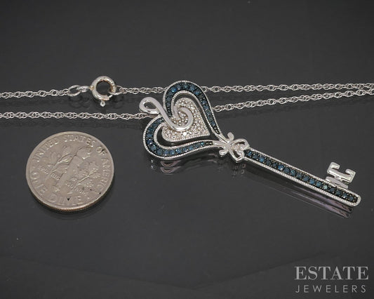 Sterling Silver Natural Blue & White Diamond Heart Key Necklace 7.5g 18"L p19117