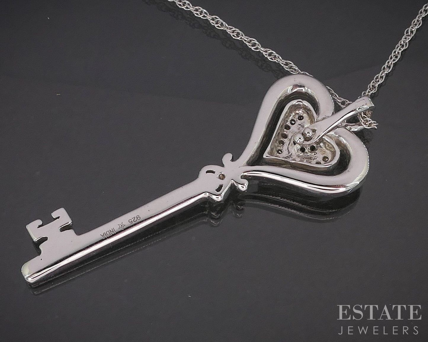 Sterling Silver Natural Blue & White Diamond Heart Key Necklace 7.5g 18"L p19117