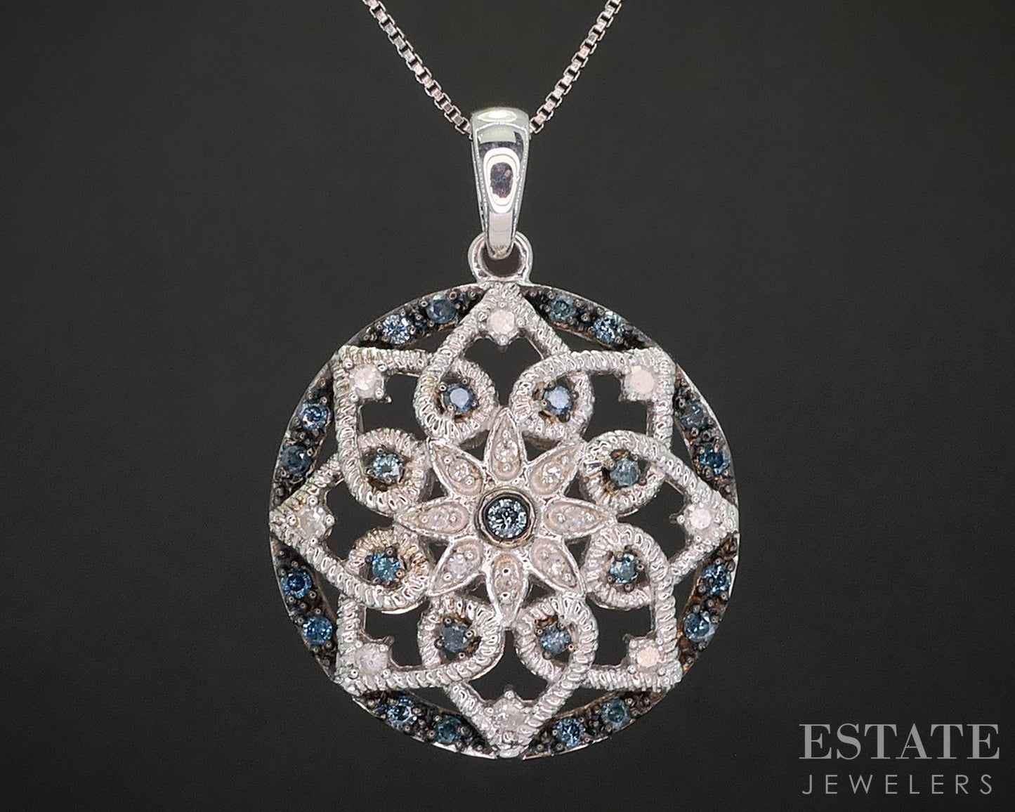 Sterling Silver Natural Blue & White Diamond Circle Necklace 6.9g 18"L p19129