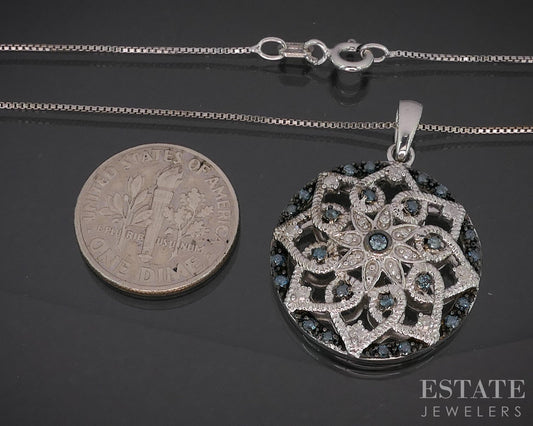 Sterling Silver Natural Blue & White Diamond Circle Necklace 6.9g 18"L p19129