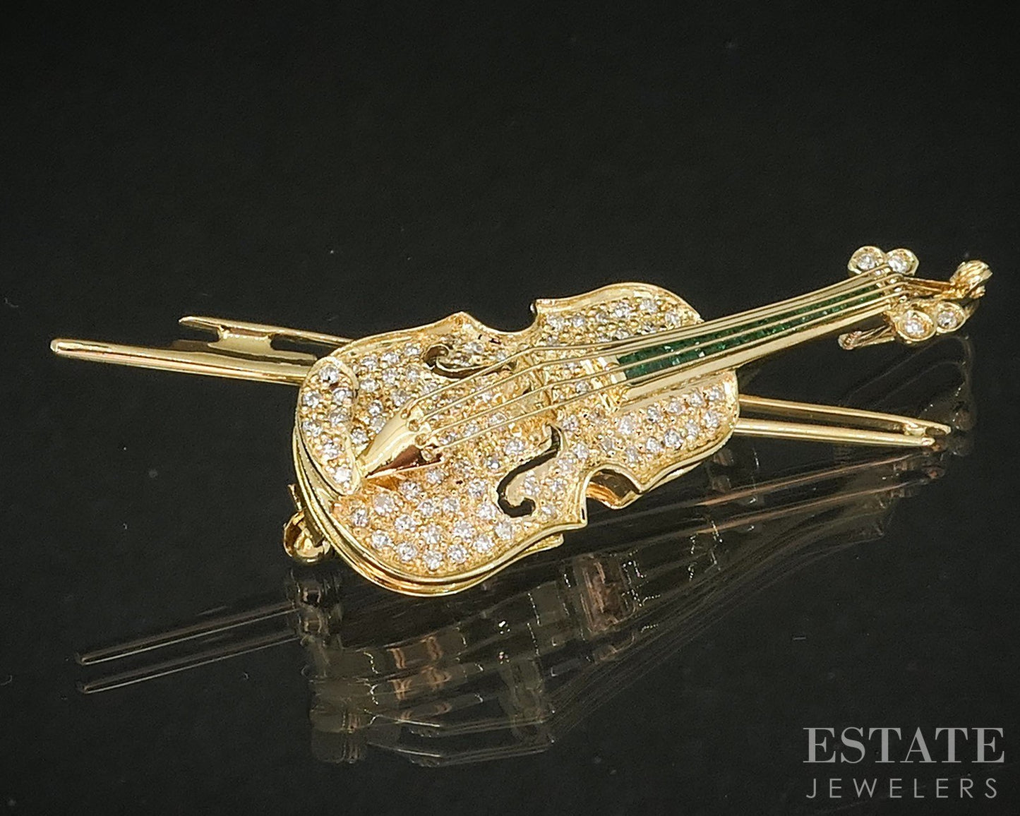 18k Yellow Gold Natural Emerald & Diamond Violin Pin Pendant 8.9g p19016