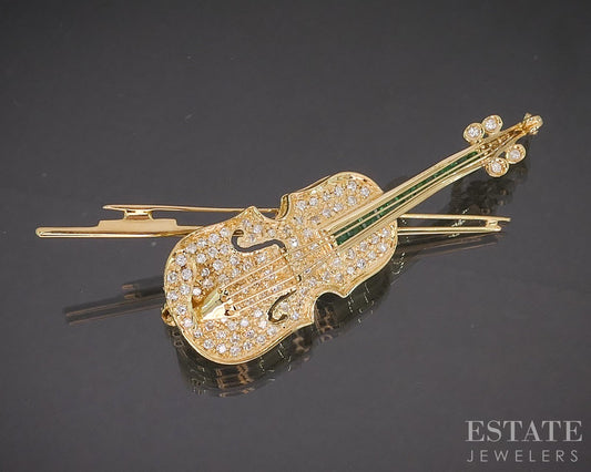 18k Yellow Gold Natural Emerald & Diamond Violin Pin Pendant 8.9g p19016