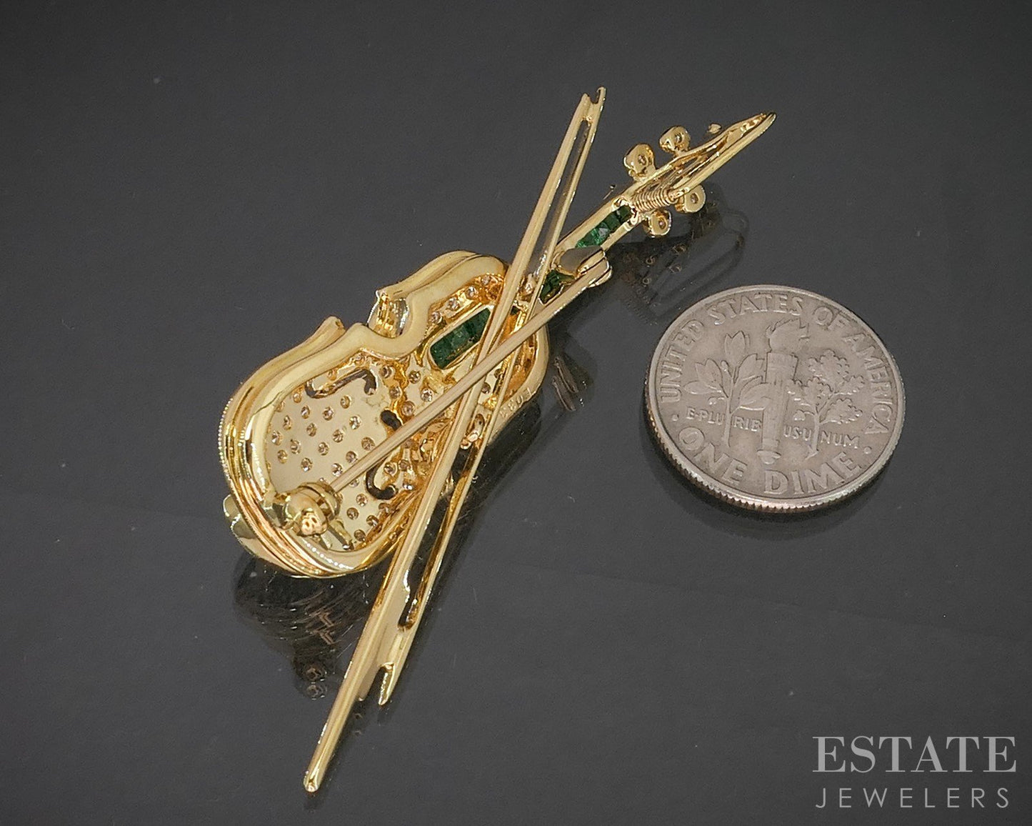18k Yellow Gold Natural Emerald & Diamond Violin Pin Pendant 8.9g p19016