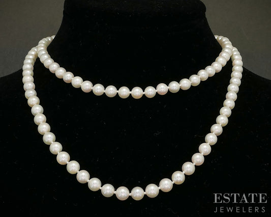 14k Yellow Gold 6mm Cultured Akoya Pearl Necklace 32"L p92238