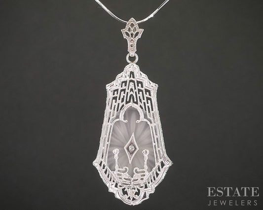 Antique 14k White Gold Rock Crystal Quartz Diamond Filigree Necklace 4.4g p18918