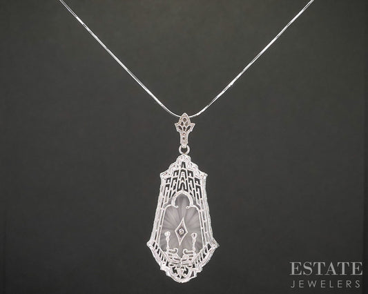 Antique 14k White Gold Rock Crystal Quartz Diamond Filigree Necklace 4.4g p18918