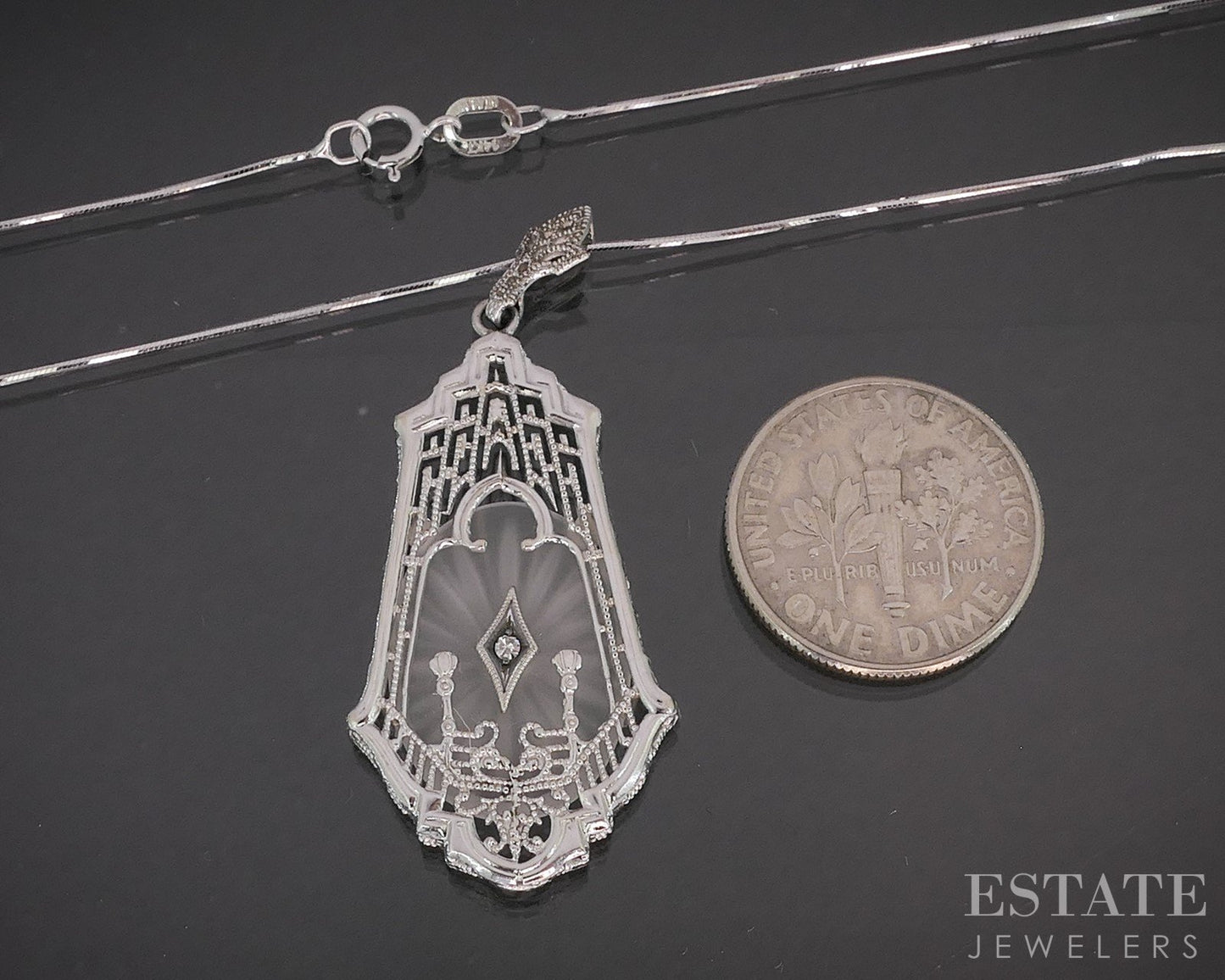 Antique 14k White Gold Rock Crystal Quartz Diamond Filigree Necklace 4.4g p18918