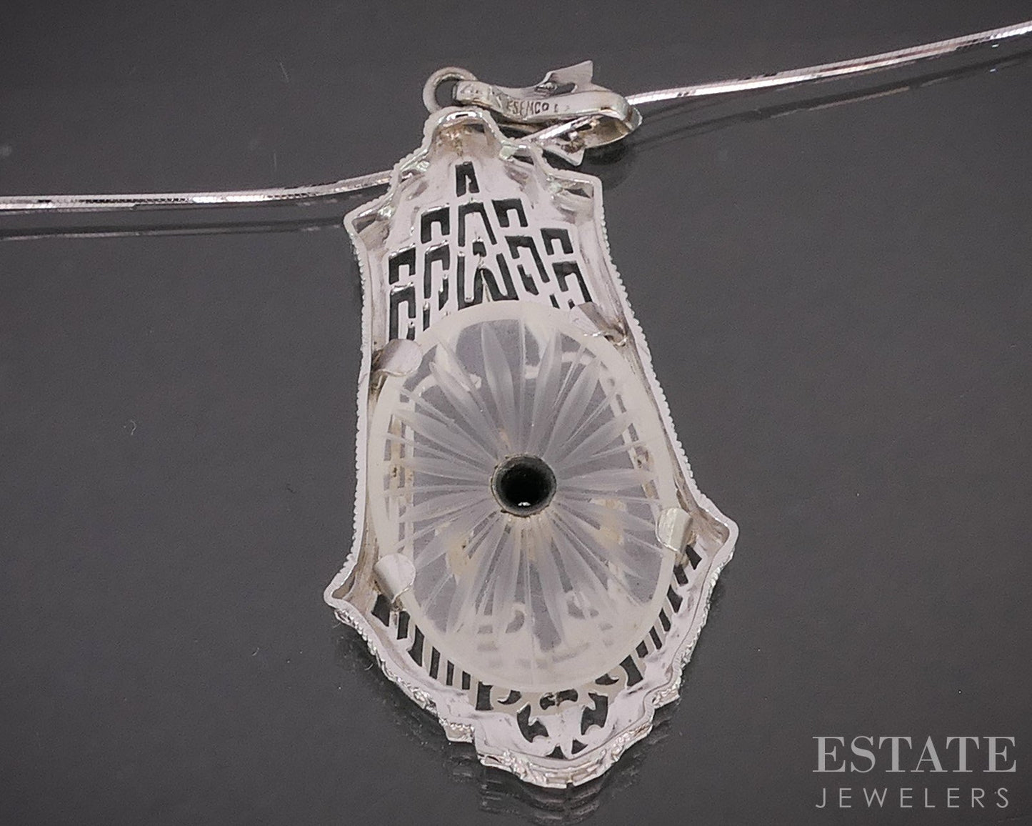 Antique 14k White Gold Rock Crystal Quartz Diamond Filigree Necklace 4.4g p18918