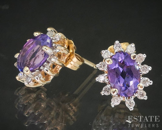 14k Yellow Gold Natural Amethyst & Diamond Halo Stud Earrings 2.4g p18998