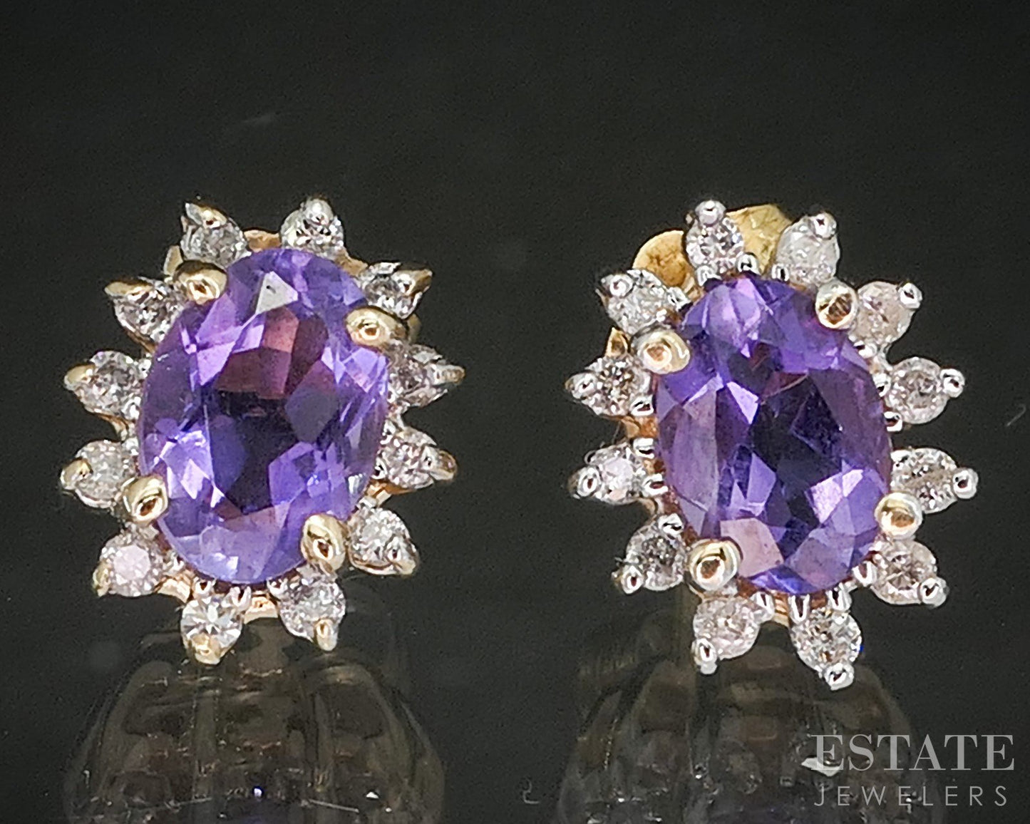 14k Yellow Gold Natural Amethyst & Diamond Halo Stud Earrings 2.4g p18998