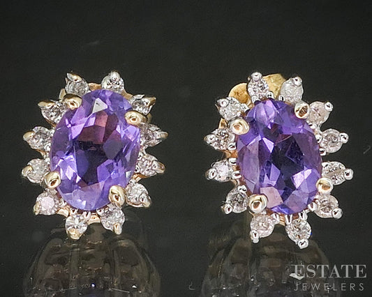 14k Yellow Gold Natural Amethyst & Diamond Halo Stud Earrings 2.4g p18998