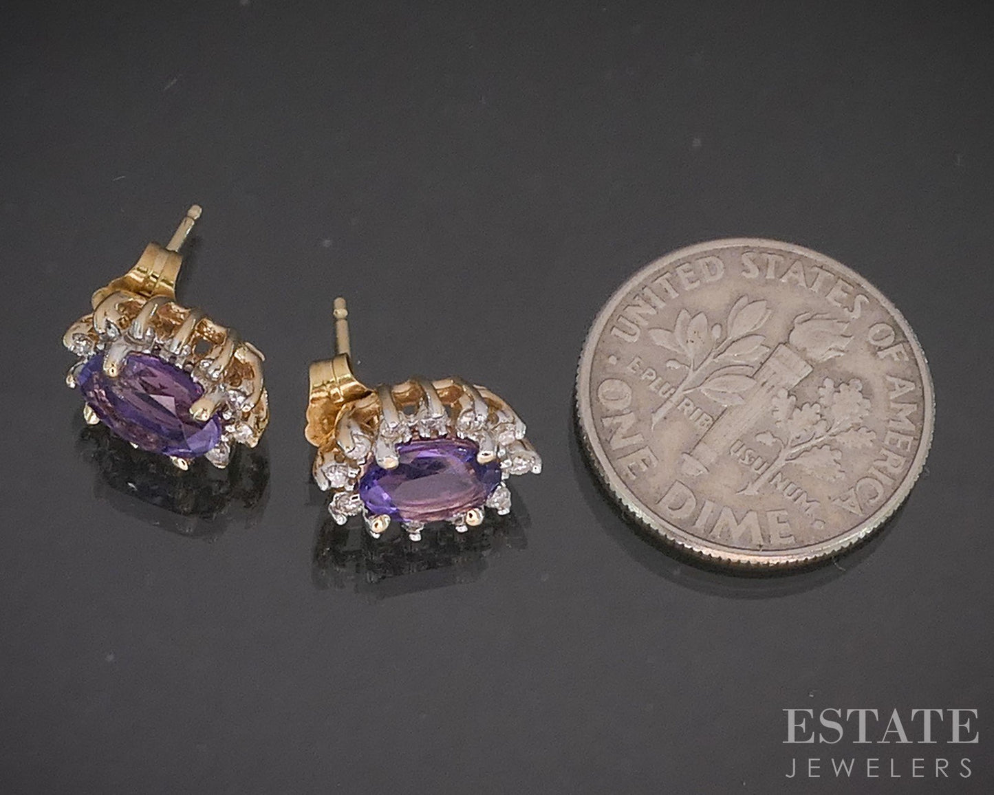 14k Yellow Gold Natural Amethyst & Diamond Halo Stud Earrings 2.4g p18998