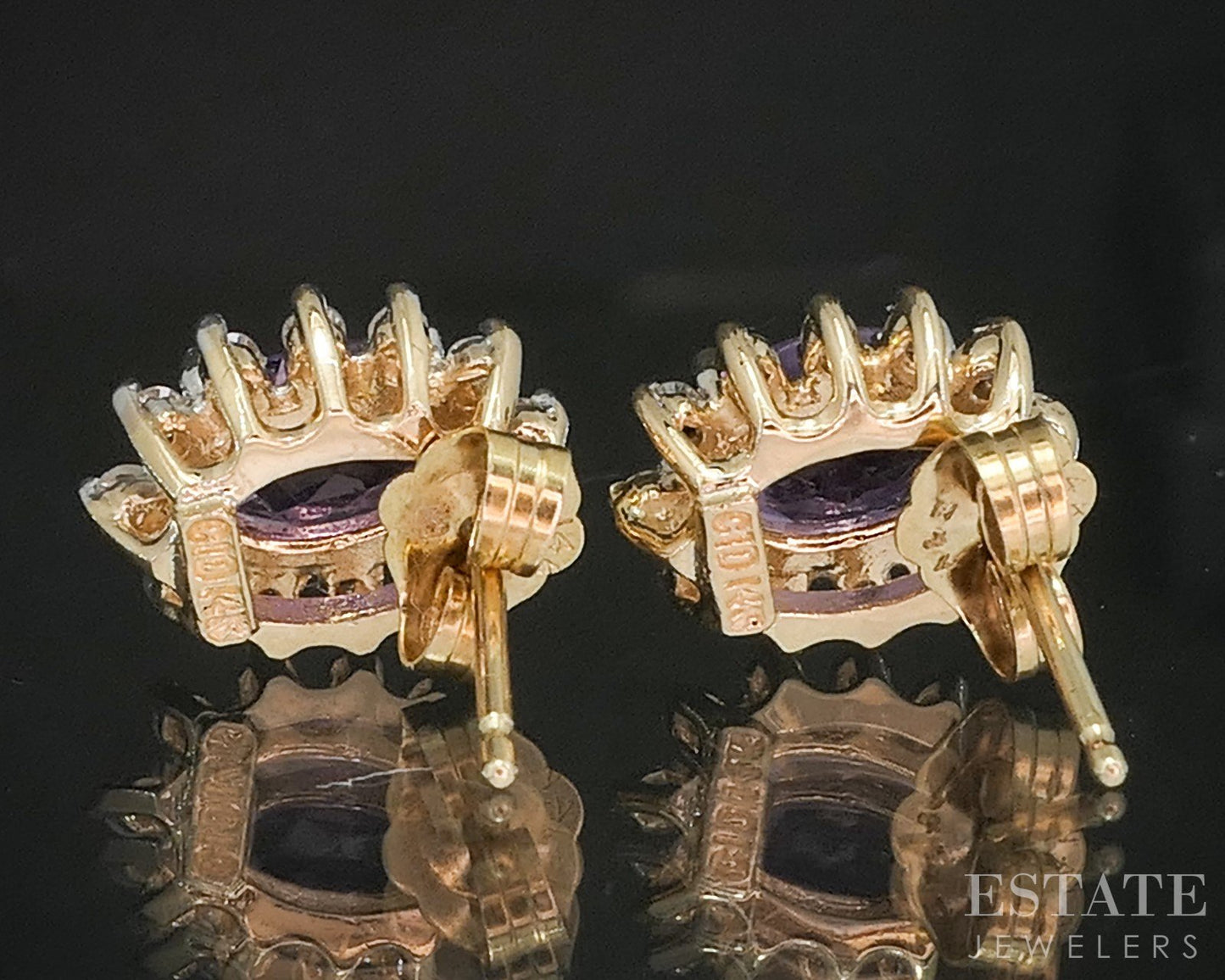 14k Yellow Gold Natural Amethyst & Diamond Halo Stud Earrings 2.4g p18998