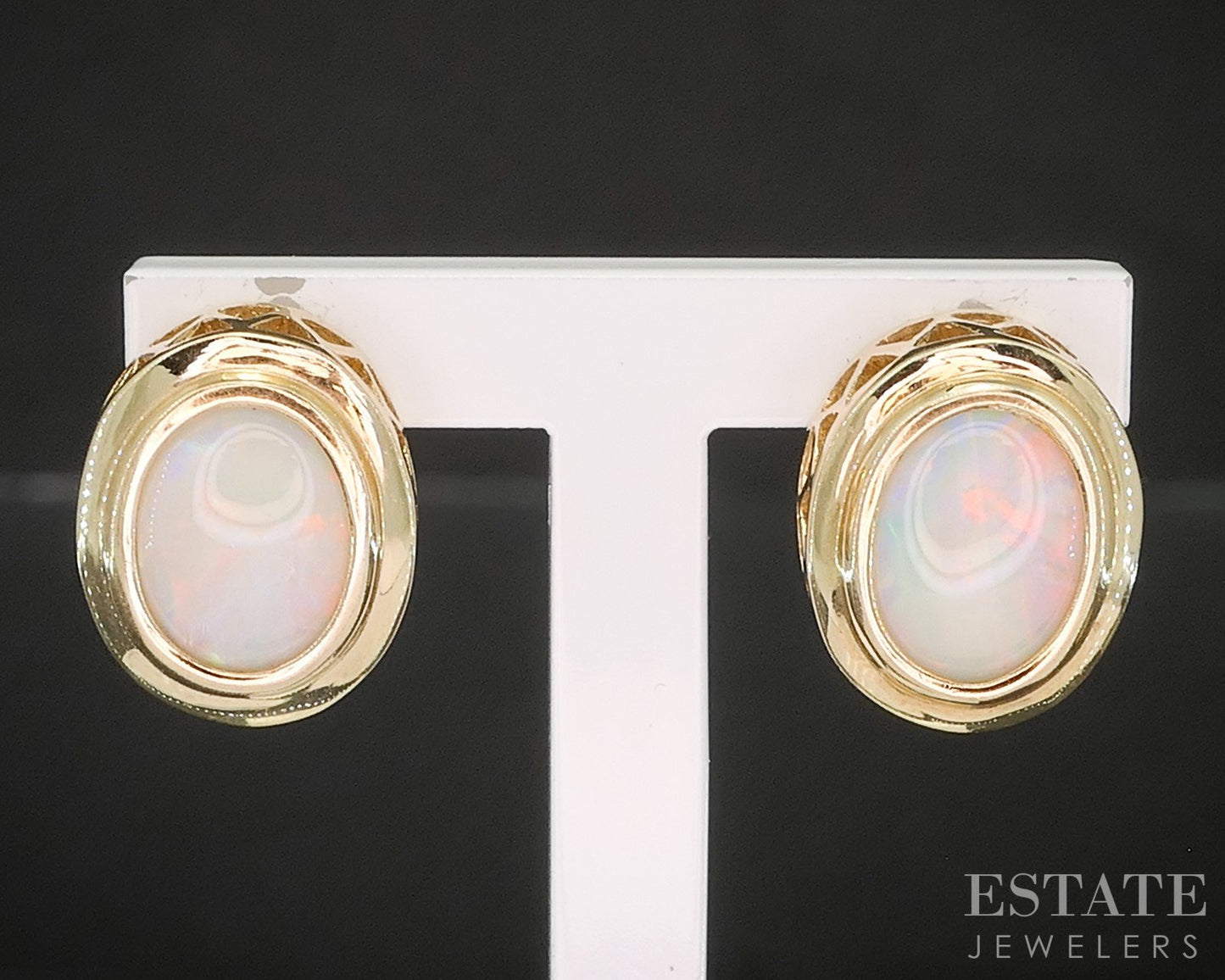14k Yellow Gold Oval Natural Opal Stud Bezel Stud Earrings 3g p15073