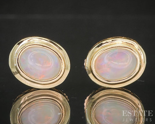 14k Yellow Gold Oval Natural Opal Stud Bezel Stud Earrings 3g p15073