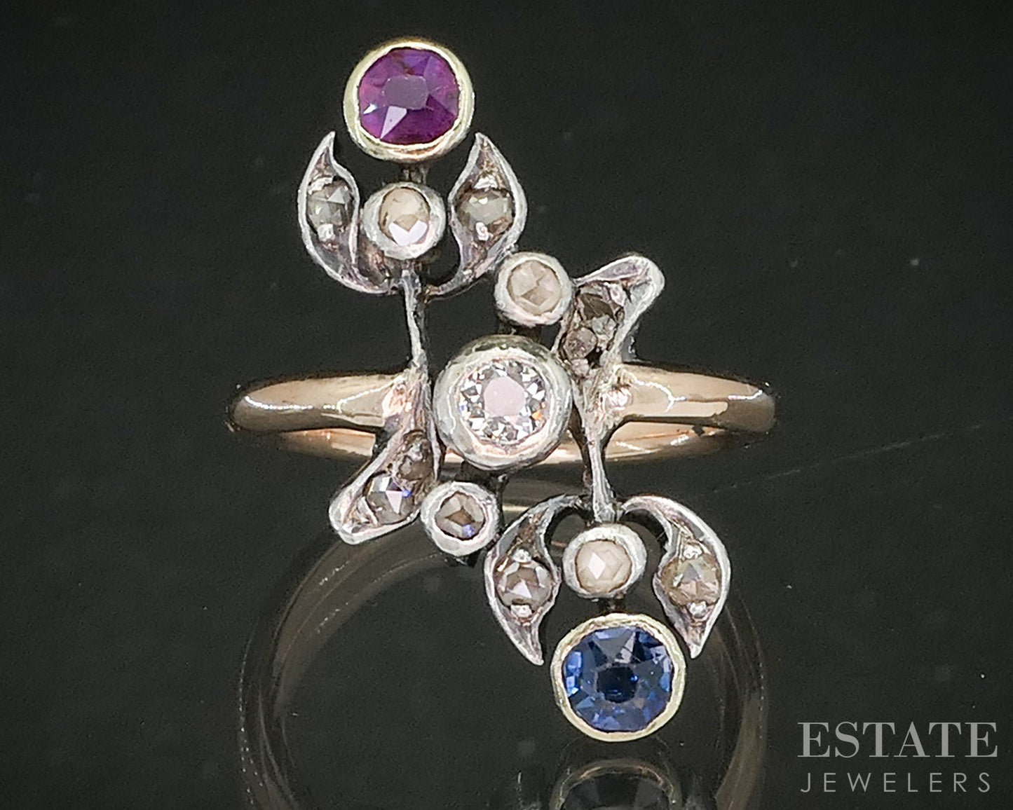 Antique Georgian 12k & Sterling Rose Cut Diamond Ruby Sapphire Ring 5g p19000