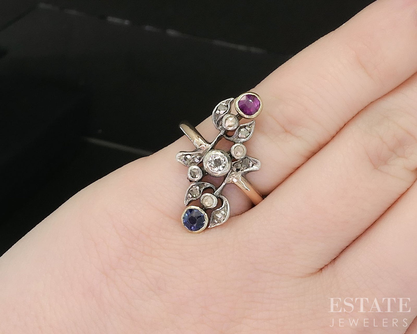 Antique Georgian 12k & Sterling Rose Cut Diamond Ruby Sapphire Ring 5g p19000