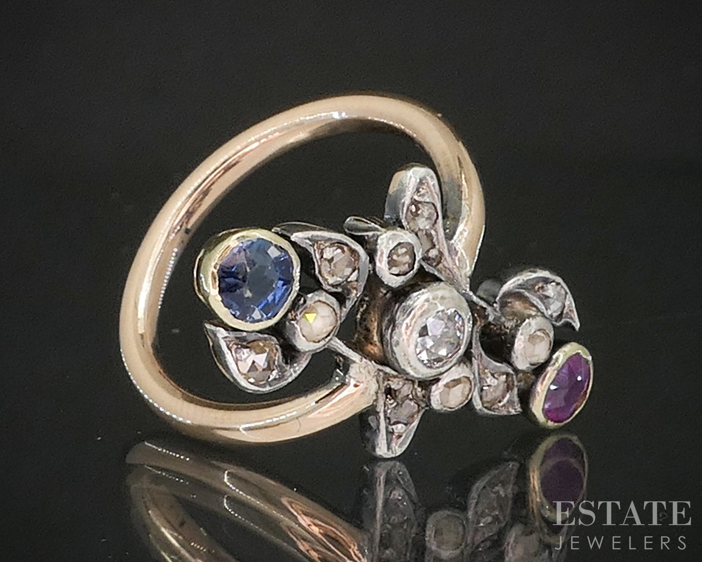 Antique Georgian 12k & Sterling Rose Cut Diamond Ruby Sapphire Ring 5g p19000