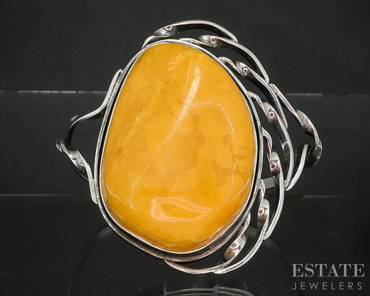 Antique Sterling Silver Large Butterscotch Amber Bangle Bracelet 63.9g p18855