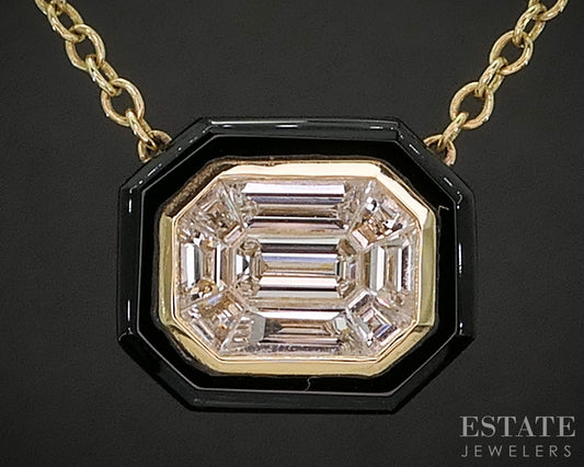 18k Yellow Gold Natural .64ctw Diamond & Black Agate Shield Necklace 4.8g p18787