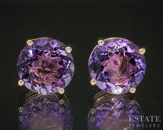 14k Yellow Gold 8mm Round Natural Amethyst Stud Earrings 2.0g p19239b