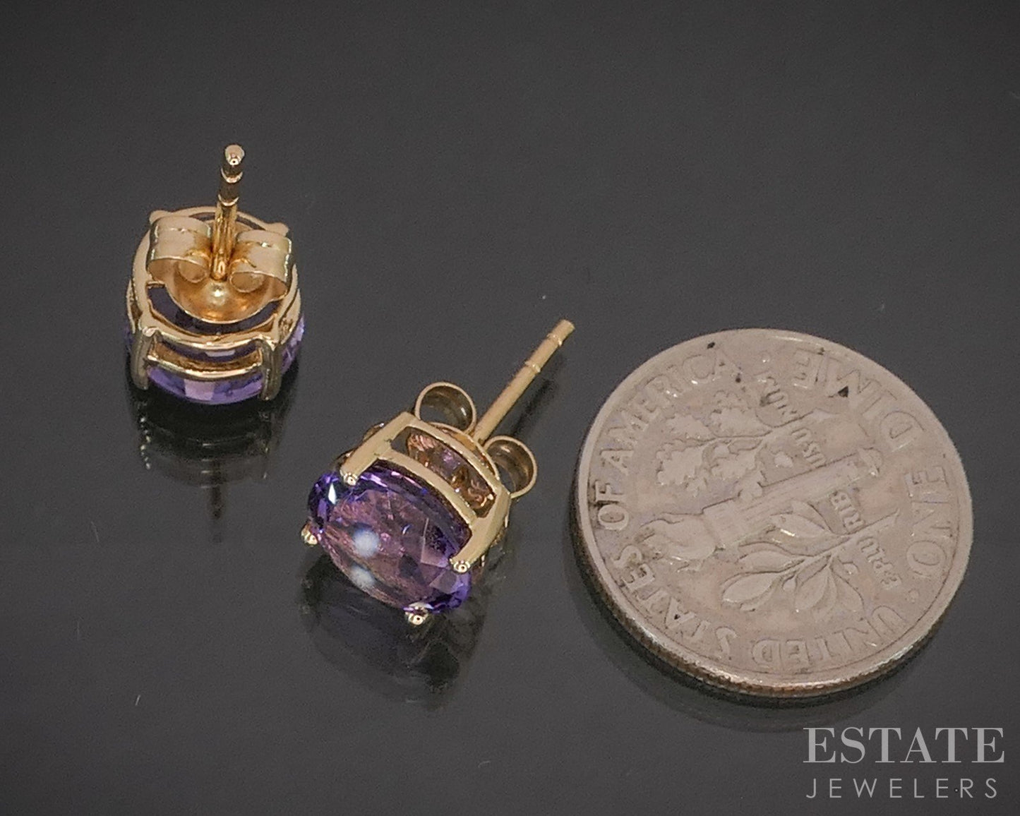 14k Yellow Gold 8mm Round Natural Amethyst Stud Earrings 2.0g p19239b
