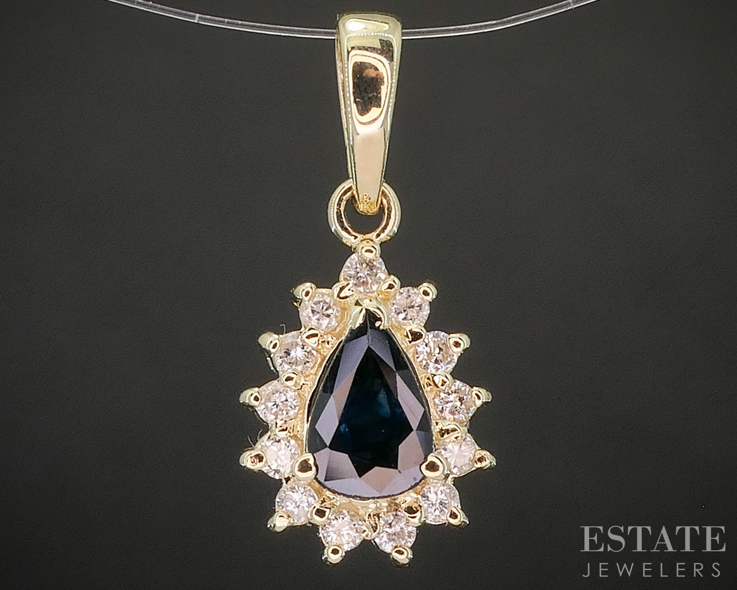 14k Yellow Gold Natural Blue Sapphire & Diamond Teardrop Pendant 0.9g p19240b