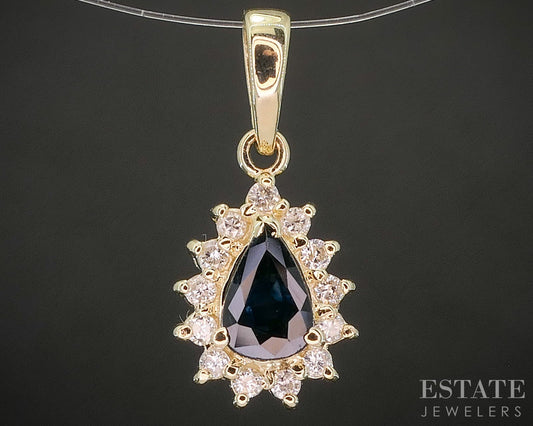 14k Yellow Gold Natural Blue Sapphire & Diamond Teardrop Pendant 0.9g p19240b