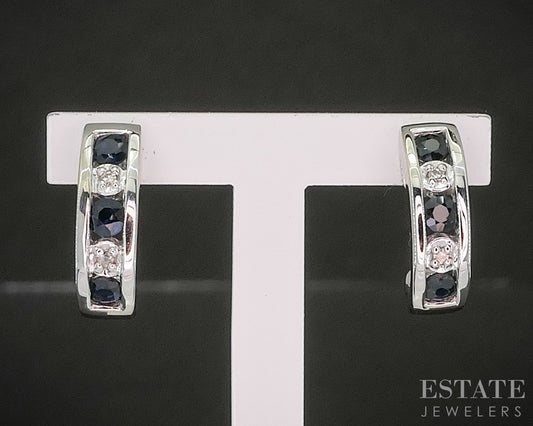 14k White Gold Natural Blue Sapphire & Diamond J-Hoop Earrings 2.2g p19243b