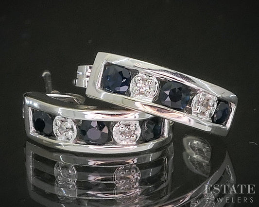 14k White Gold Natural Blue Sapphire & Diamond J-Hoop Earrings 2.2g p19243b