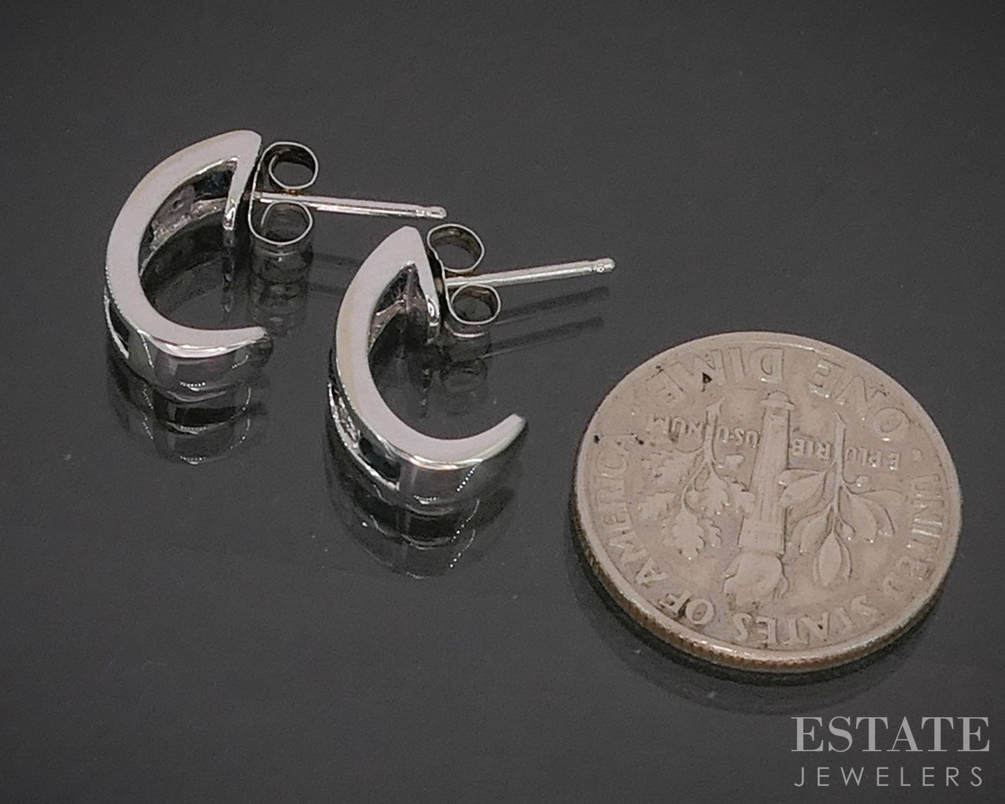 14k White Gold Natural Blue Sapphire & Diamond J-Hoop Earrings 2.2g p19243b