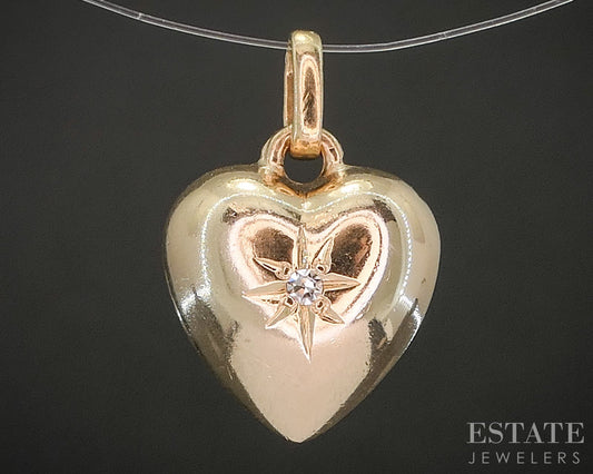 Vintage 14k Yellow Gold Natural Diamond Puffy Heart Charm Pendant 1.1g p19296b