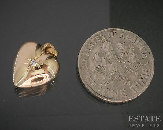 Vintage 14k Yellow Gold Natural Diamond Puffy Heart Charm Pendant 1.1g p19296b