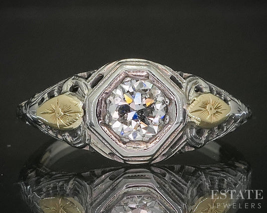 Antique 18k Two Tone Gold Natural .24ct Diamond Filigree Solitaire Ring p19302b
