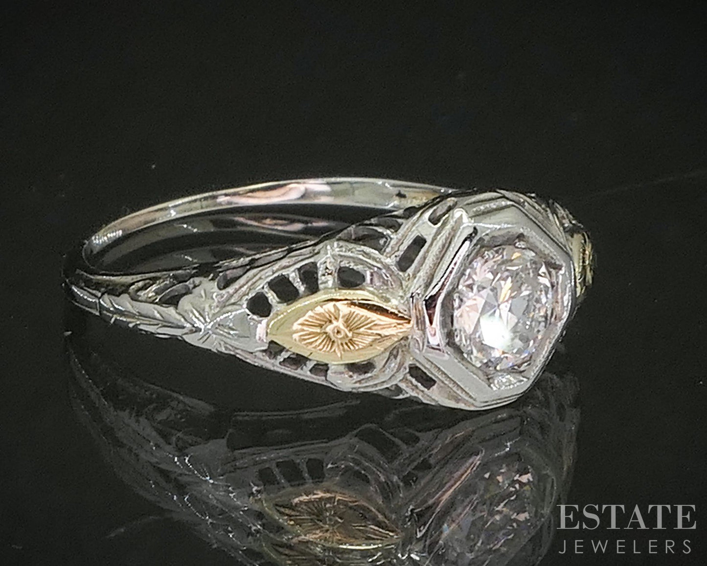 Antique 18k Two Tone Gold Natural .24ct Diamond Filigree Solitaire Ring p19302b