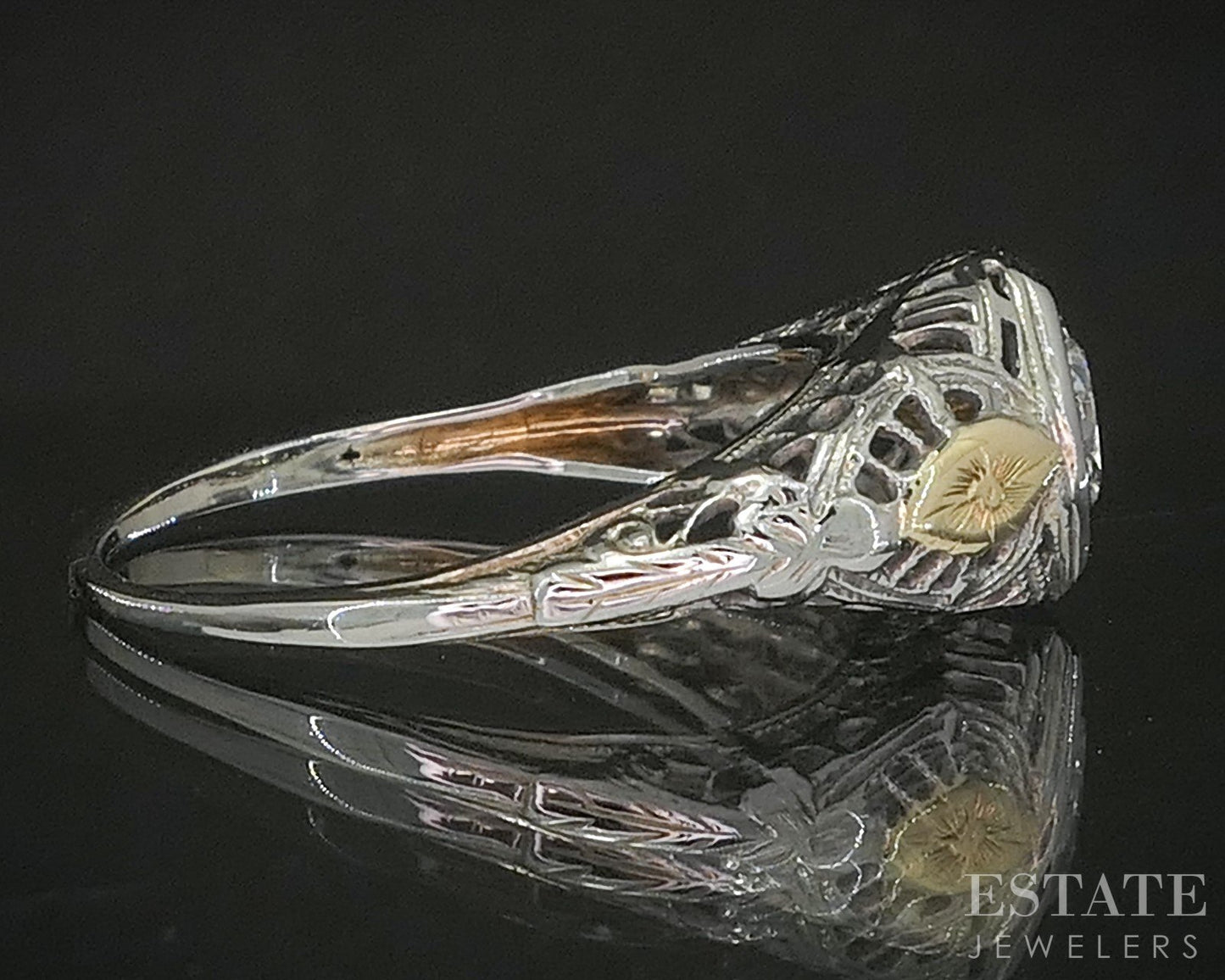 Antique 18k Two Tone Gold Natural .24ct Diamond Filigree Solitaire Ring p19302b